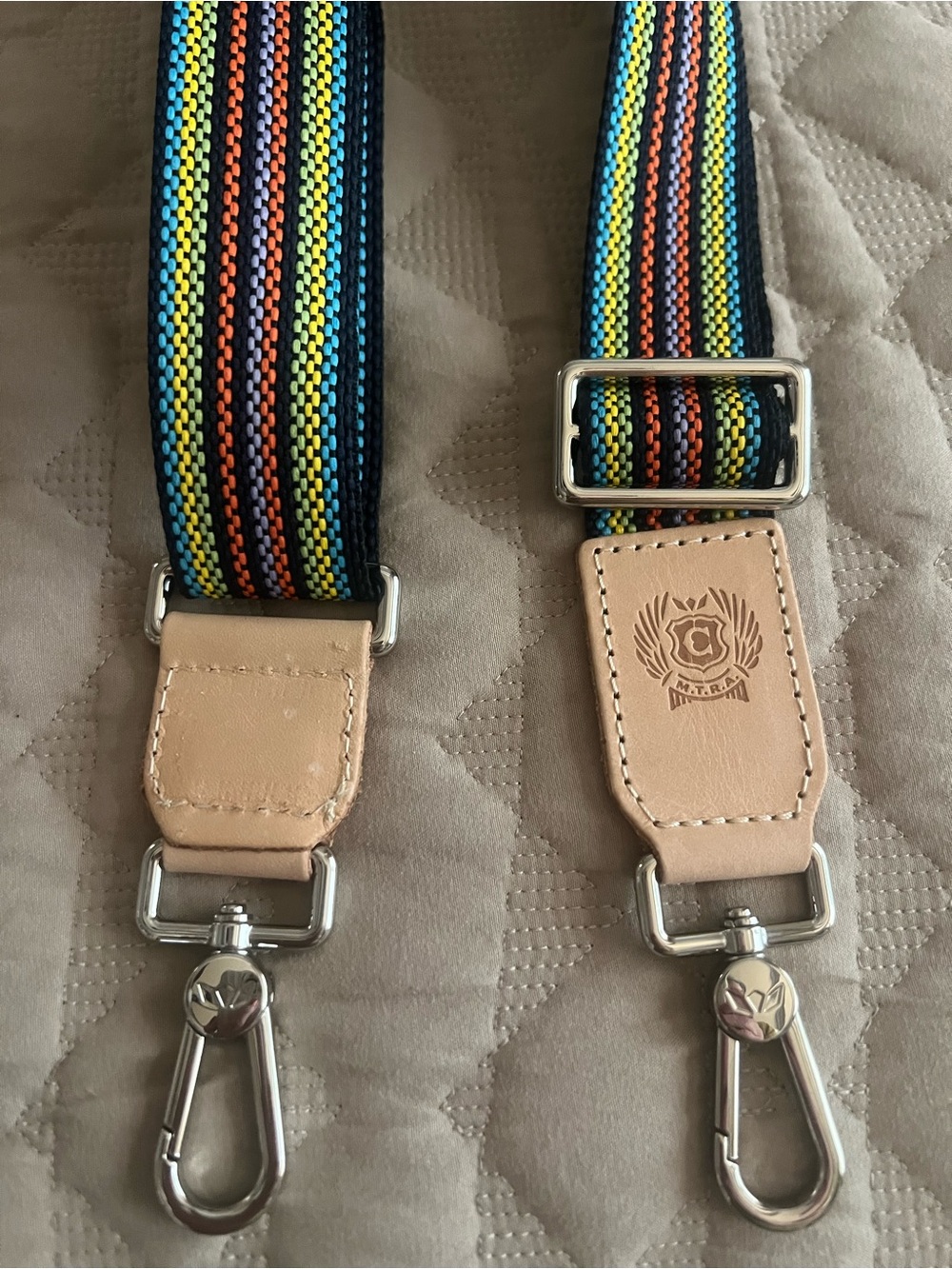 Consuela Multicolor Stripe Adjustable Purse Strap with Tan Leather. BRAND NEW!